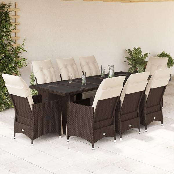 vidaXL 9-tlg. Garten-Bistro-Set mit Kissen Braun Poly Rattan, UV-beständig, 3277263