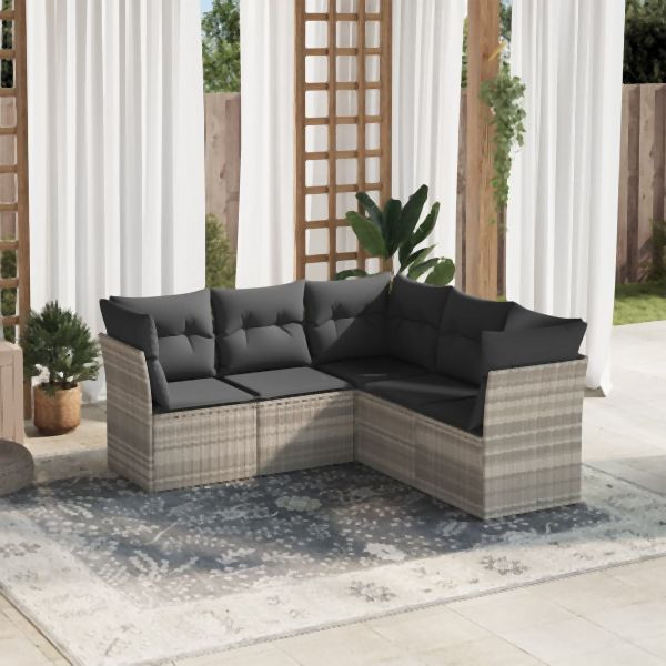 vidaXL 5-tlg. Garten-Sofagarnitur mit Kissen Hellgrau Poly Rattan, 3249461