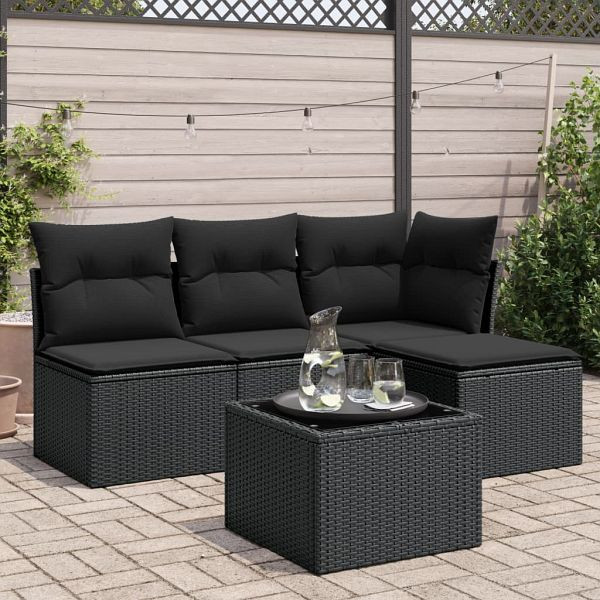 vidaXL 5-tlg. Garten-Sofagarnitur mit Kissen Schwarz Poly Rattan, 3249344