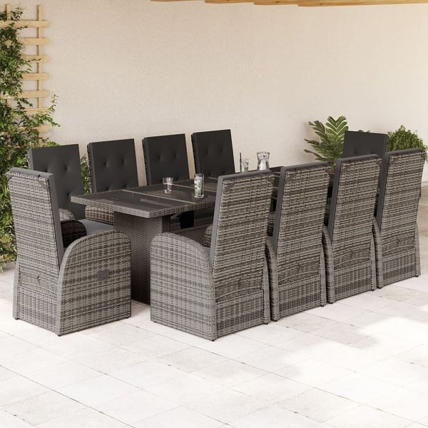 vidaXL 11-teilig Garten-Essgruppe mit Kissen Grau Poly Rattan, 3277601