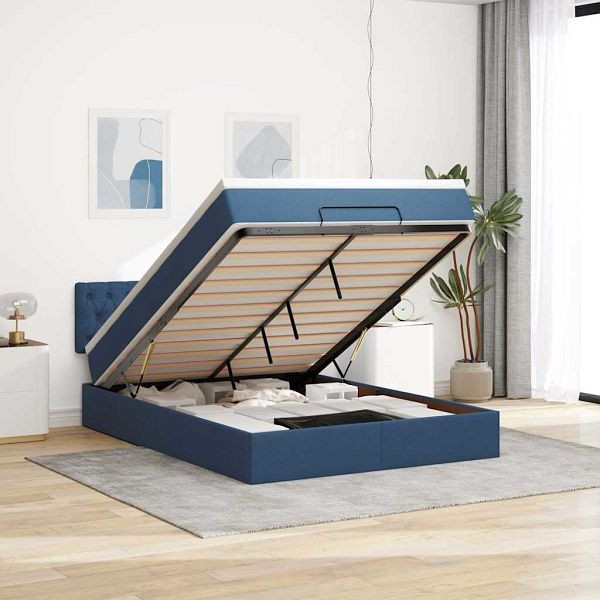 vidaXL Ottomane Bett mit Matratze & LEDs Blau 140x190 cm Stoff, 3312394