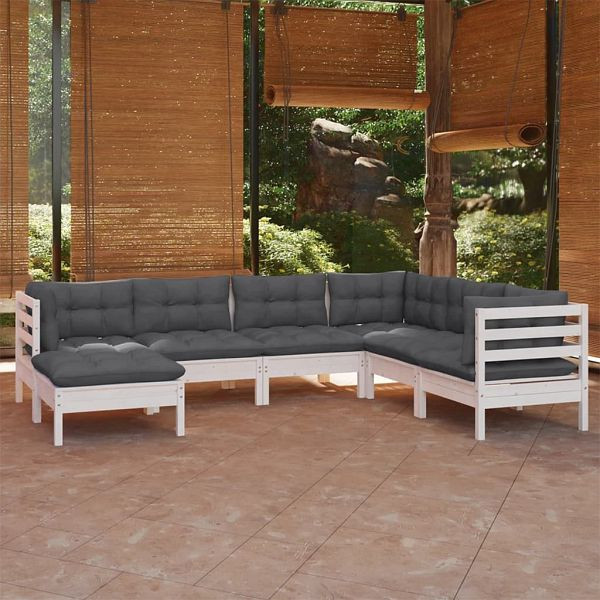 vidaXL 7-teilig Garten-Lounge-Set mit Kissen Weiß Kiefer Massivholz, 3096563