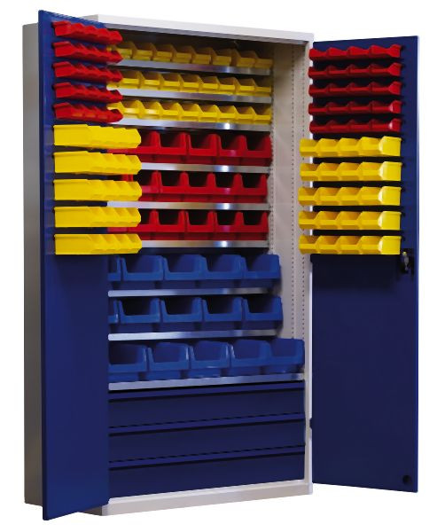 KLW Jumbo-Regalschrank 1950x1108x535mm HxBxT, Flügeltüren, 1 Fachboden 500mm, 6x 250mm, 2x 300mm, 40 Kästen rot, 70 gelb, 7FN-PM1950TD-J199XRB