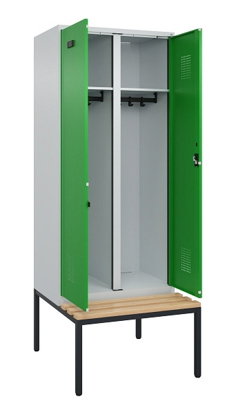 C+P Schwarz-Weiß-Spind Evolo PLUS, Bank, 2 Abteile, 2120x800x815mm, 7035/6037, Zylinderschloss, Sitzfläche Buche-Hartholz, Sitzbank, 0490527-22 S10038