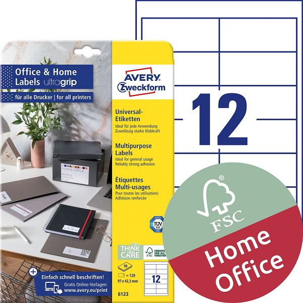AVERY Zweckform 6123 Universal-Etiketten ultragrip, 97 x 42,3 mm, weiß, 120 Etiketten, permanent, 6123