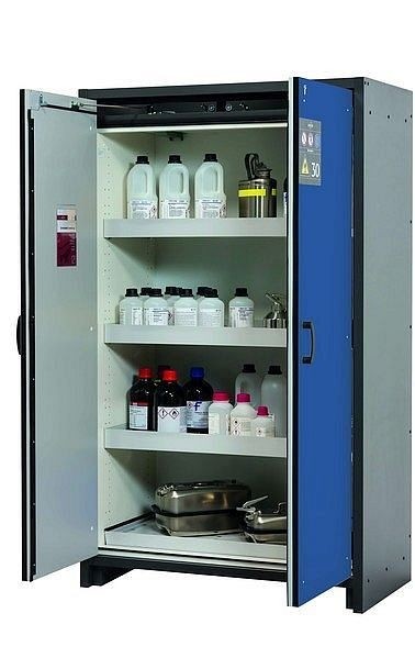 asecos Sicherheitsschrank Q-CLASSIC-30, Q30.195.116 in enzianblau RAL 5010 mit 3x Wannenboden Standard (Stahlblech), 31003-067-30007