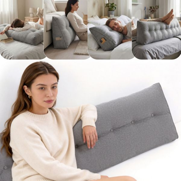 HOME NATURE WOHNKONZEPT Rückenstützkissen 200x19x52cm, Ergonomische Rückenstütze für Bett und Sofa mit Taschen, Grau, YQ0310