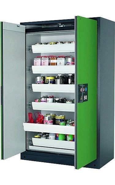 asecos Sicherheitsschrank Q-PEGASUS-90, Q90.195.120.WDAC in resedagrün RAL 6011 mit 6x Auszugswanne Standard (Stahlblech), 30002-048-30017