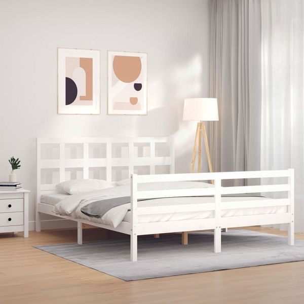 vidaXL Massivholzbett mit Kopfteil Weiß 160x200 cm, 3194842