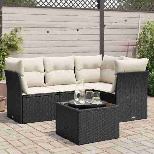 vidaXL 5-tlg. Garten-Sofagarnitur mit Kissen Schwarz Poly Rattan, UV-beständig, 3249425