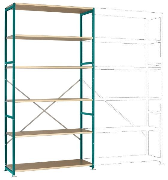 Manuflex Breitfach-Steckregal Grundregal mit 6 Holzverbundböden, HxBxT = 2500 x 1280 x 1000 mm, wasserblau, RP1333.5021