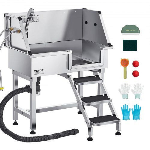 VEVOR Hundewaschstation Edelstahl, 870x488x1025mm mit Ablagetreppe, Wasserhahn, Duschkopf & Seifenhalter, rechte Tür, BXGCWYG34CZJFJ0C0V0