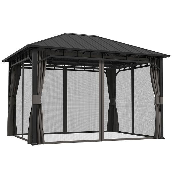 Outsunny Garten-Pavillon, MEtallpavillon, wasserfest, UV-beständig, Terrassenpavillon mit Netzwänden und Vorhängen, Dunkelgrau, 84C-556V01CG