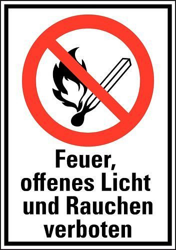 DENIOS Kombischild "Feuer, Licht, Rauchen verboten", ISO 7010, Aluminium, 265 x 370 mm, VE: 5 Stück, 164596