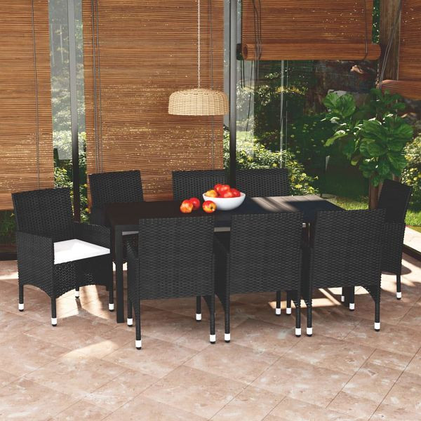 vidaXL 9-teilig Garten-Essgruppe mit Kissen Poly Rattan Schwarz, 3095014