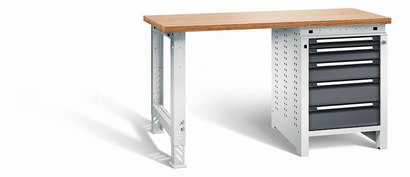 Otto Kind Werkbank function Typ 206, überstehende Multiplex-Arbeitsplatte, 1 Fußgestell, 1 Unterbau, Gehäuse RAL 7035, Front RAL 7016, 072194049