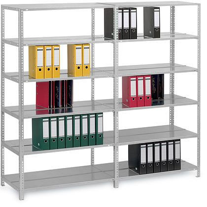 hofe Akten-Grundregal, 800x600x750 mm, 3 Fachebenen, für 36 Ordner, verzinkt, 60 kg Fachlast, 300 kg Feldlast, zweiseitige Bedienung, WZG08607DD