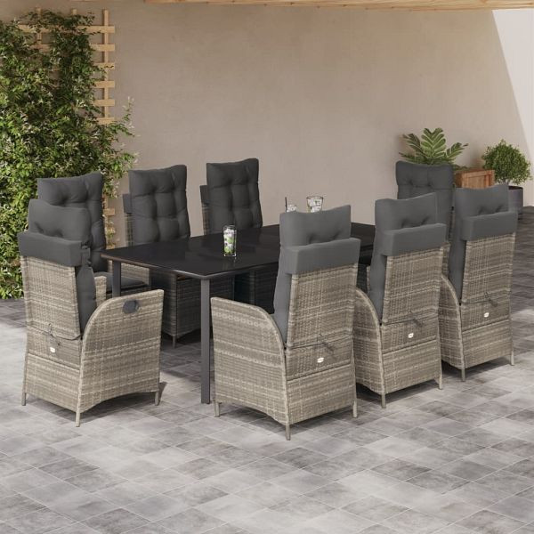 vidaXL 9-teilig Garten-Essgruppe mit Kissen Hellgrau Poly Rattan, 3213293