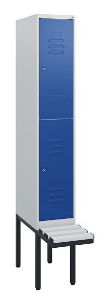 C+P Doppelstöckiger Spind Classic PLUS, 1950x300x815mm, 7035/5010, Zylinderschlösser, mit Untergestell und schwebender Sitzfläche, 0803405-10 S10078