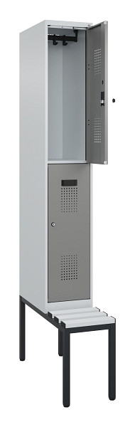 C+P Doppelstock-Spind Evolo PLUS, Bank, 2 Fächer, 2120x300x815mm, 7035/0004, Zylinderschloss, Sitzfläche Kunststoff, Sitzbank, 0493507-10 S10122