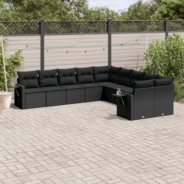 vidaXL 10-tlg. Garten-Sofagarnitur mit Kissen Schwarz Poly Rattan, 3253042