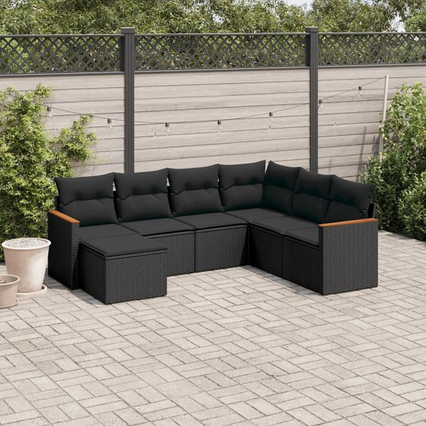 vidaXL 7-teilig Garten-Sofagarnitur mit Kissen Schwarz Poly Rattan, 3258604