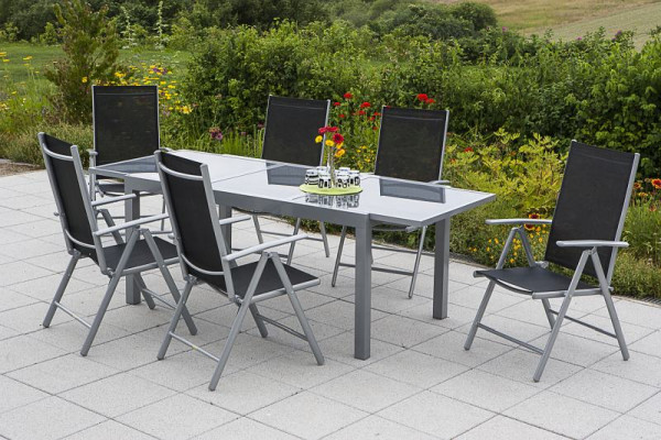 Merxx Amalfi Set 7-teilig, 6 Amalfi Klappsessel, Rückenlehne verstellbar, 1 Ausziehtisch 140 (200) x 90 cm, silber/schwarz, 50350-317