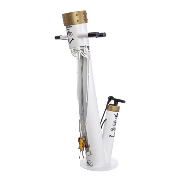 Stein HGS Fahrrad-Servicestation Modell BM2028, RAL 9010 - Reinweiß, (Stahl "Kronen" in goldener Farbe), 63684.0001