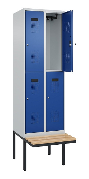 C+P Doppelstock-Spind Evolo PLUS, Bank, 4 Fächer, 2120x600x815mm, 7035/5010, Zylinderschloss, Sitzfläche Buche-Hartholz, 0493407-20 S10033