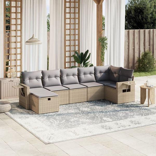 vidaXL 7-teilig Garten-Sofagarnitur mit Kissen Beige Poly Rattan, 3263815