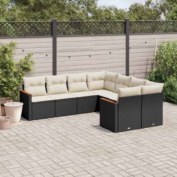 vidaXL 8-tlg. Garten-Sofagarnitur mit Kissen Schwarz Poly Rattan, 3258955