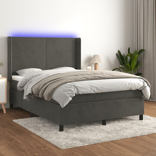 vidaXL Boxspringbett mit Matratze & LED Dunkelgrau 140x190 cm Samt, 3139440