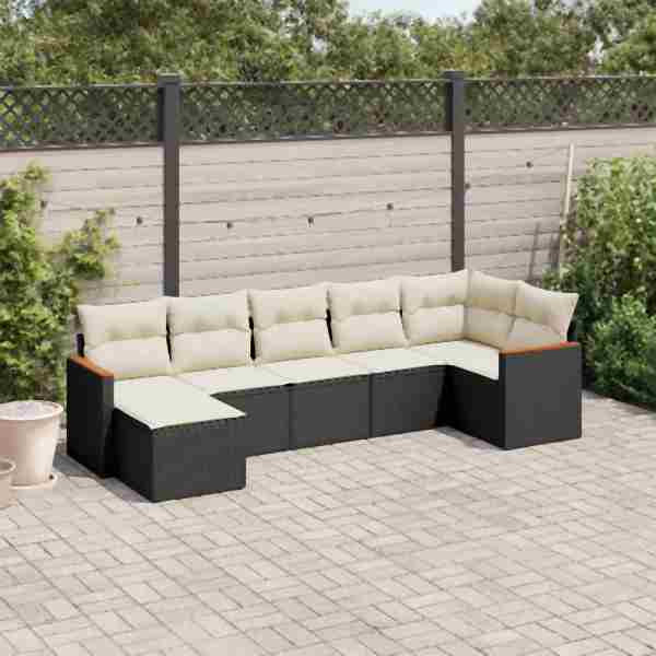 vidaXL 7-tlg. Garten-Sofagarnitur mit Kissen Schwarz Poly Rattan, UV-beständig, 3258591