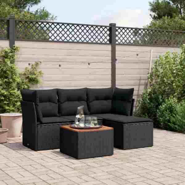 vidaXL 5-tlg. Garten-Sofagarnitur mit Kissen Schwarz Poly Rattan, UV-beständig, 3255936