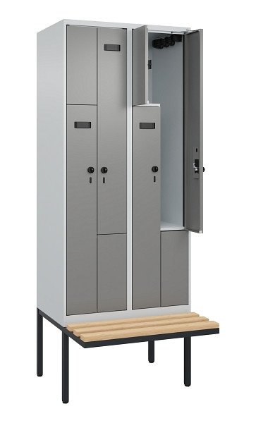 C+P Z-Spind Evolo PLUS, Bank, 4 Fächer, 2120x800x815mm, 7035/0004, Drehriegel, Sitzfläche Holz, 0490437-224 S10009