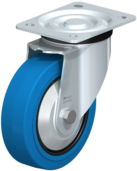 Blickle L-POEV 160XR-SB-FA Stahlblech-Lenkrolle, mittelschwere Ausführung, mit Anschraubplatte, Elastik-Vollgummi, Blau, 850627