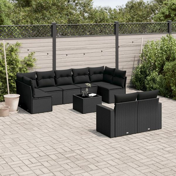 vidaXL 10-tlg. Garten-Sofagarnitur mit Kissen Schwarz Poly Rattan, 3251762