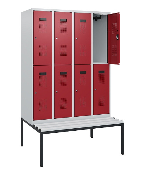 C+P Doppelstöckiger Spind Evolo PLUS, Bank, 8 Fächer, 1950x1200x815mm, 7035/3003, Zylinderschloss, Sitzfläche Kunststoff, Sitzbank, 0493505-40 S10139