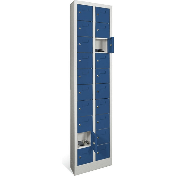 Deskin Kleinfachschrank 2 x 10 Fächer, Enzianblau RAL 5010, 460 x 200 x 1950 mm, mit Etikettenrahmen, 270392