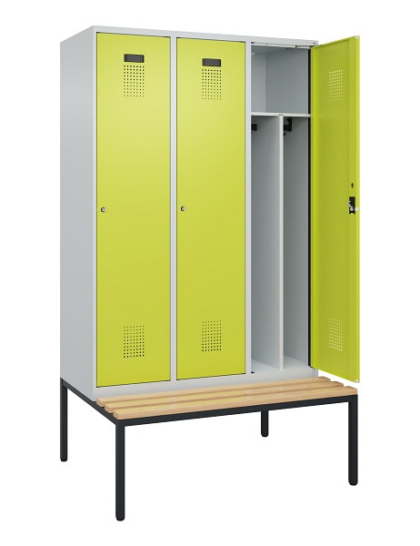 C+P Spind Evolo PLUS, 3 Abteile, 2120x1200x815mm, 7035/0024, Haken 4, Zylinderschloss, Sitzfläche Buche-Hartholz, Sitzbank, Trennwand, 0490507-32F S10042
