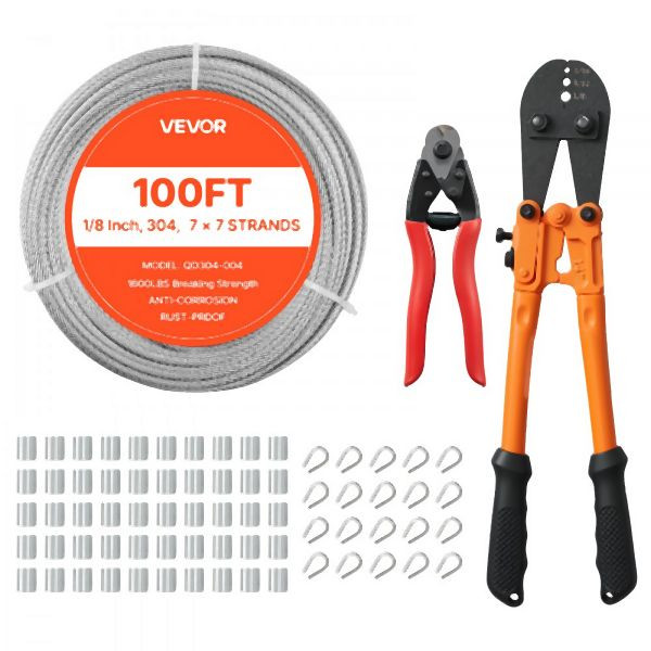 VEVOR Edelstahldrahtseil Ø3,2 mm, 30,5 m, Bruchlast 7,1 kN, 7x7 Litzen, inkl. Crimpzange für Geländer/Spaliere, BXGGSSBXG304SDKE0002V0