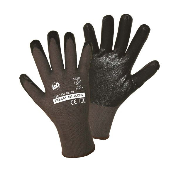 L+D FOAM BLACK Feinstrickhandschuhe aus grauem Nylon mit schwarz geschäumter Nitrilbeschichtung, Größe: 10, VE: 120 Paar, 1157-10