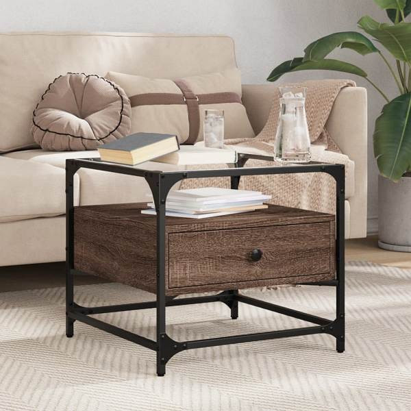 vidaXL Couchtisch mit Glasplatte Braun Eichen-Optik 50x50x45 cm Stahl, 846053