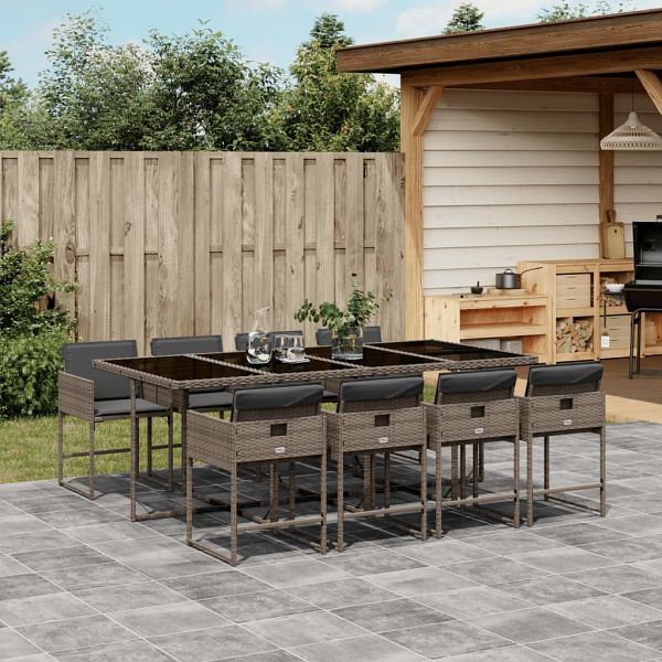 vidaXL 9-teilig Garten-Essgruppe mit Kissen Grau Poly Rattan, 3278047
