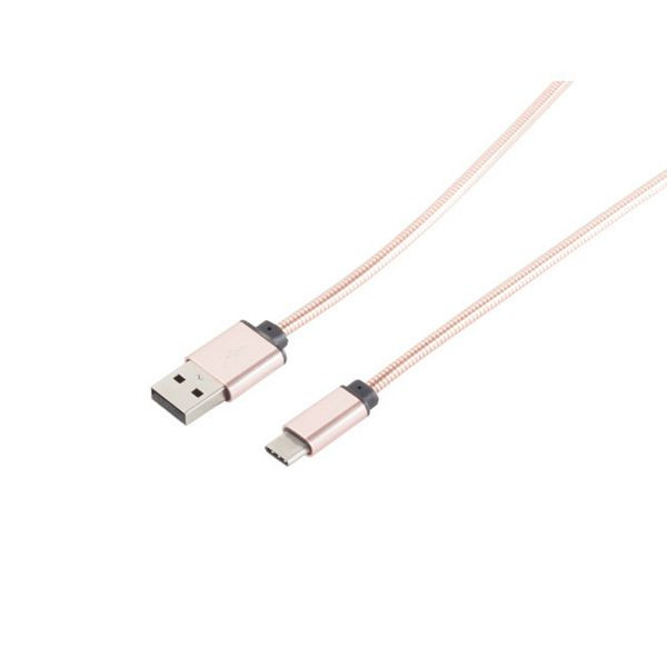 S-Conn USB Lade-Sync Kabel USB A Stecker auf USB 3.1C Stecker, Metallumantelung (Steel) Rose 1m, 14-12002