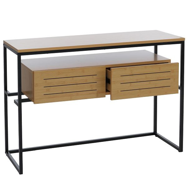 Mendler Konsolentisch HWC-P46, Telefontisch Beistelltisch Ablagetisch, Schublade Metall MDF Melamin 80x120x40cm, Bambus-Optik, 139883+140181