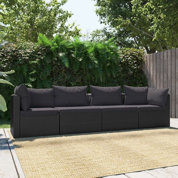 vidaXL 4-teilig Garten-Sofagarnitur mit Auflagen Poly Rattan Schwarz, 46558