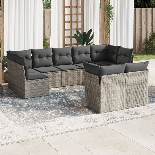vidaXL 9-teilig Garten-Sofagarnitur mit Kissen Grau Poly Rattan, 3218150