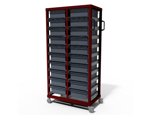 Tixit EURO Behälterwagen, 20 Behälter, 400 x 300 x 120, ohne Behälter, mit Transportsicherung, RAL 3003 rubinrot, 106622