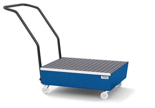 DENIOS Fahrbare Auffangwanne classic-line für 2 Fässer à 60 l, blau lackiert, mit Gitterrost, 259377